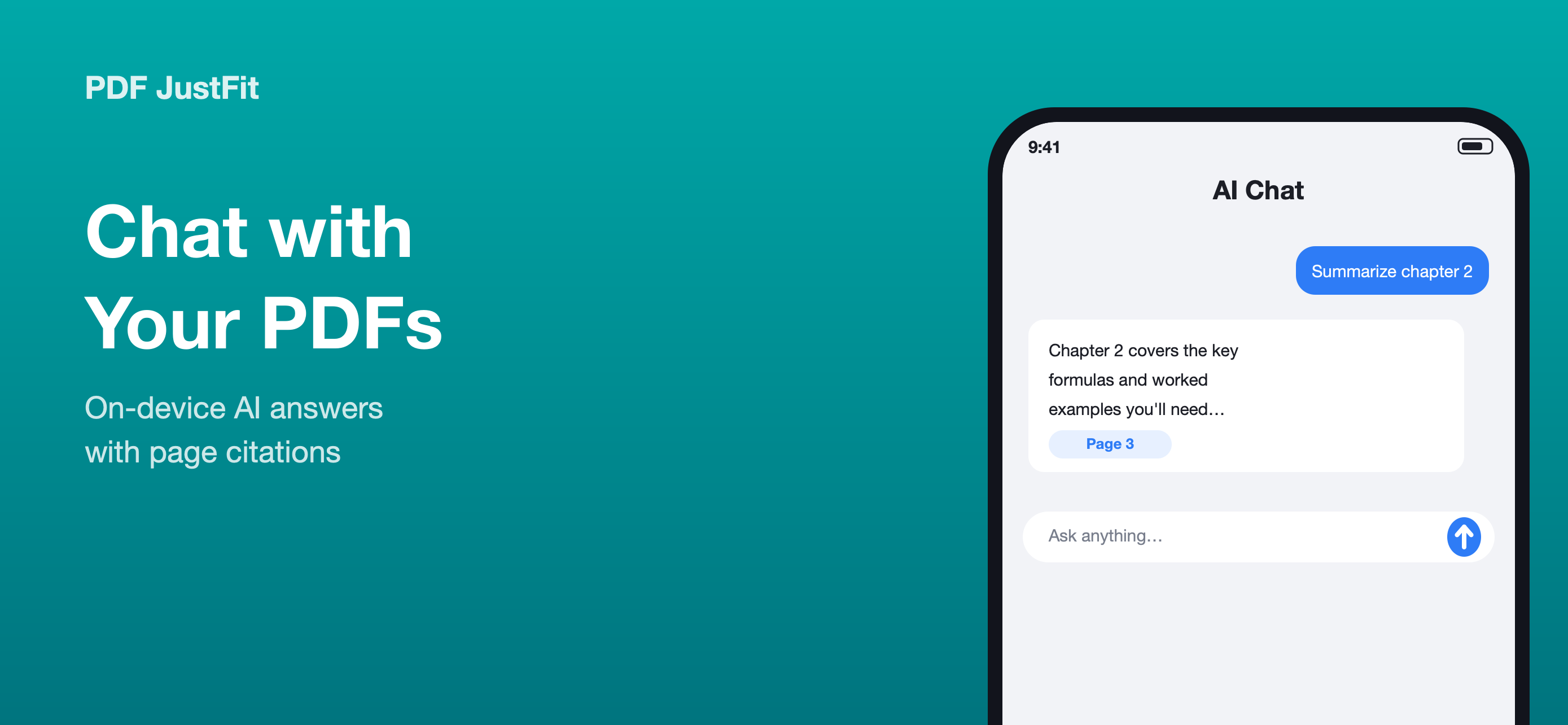 PDF JustFit AI chat answering a question about a PDF and showing a page citation